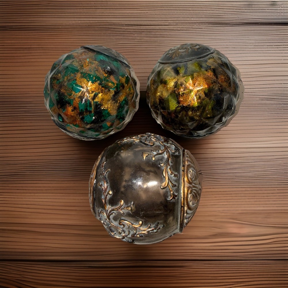 3 Decorative Balls Ornate Orbs Spheres 4" Diameter Teal Gold Brass